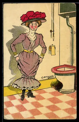 Künstler-AK sign. Comicus: Dame in einschränkenden Kleid steht fragend vor einer Toilette