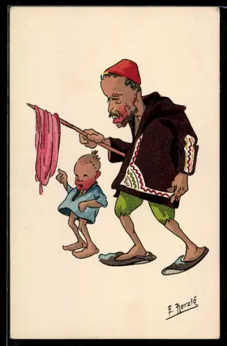 Künstler-AK sign. E. Herzig: Mann mit Fahne und Jungen