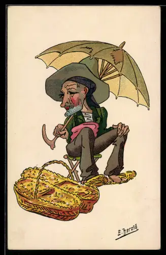 Künstler-AK sign. E. Herzig: Mann mit geflicktem Regenschirm sitzt neben Körben