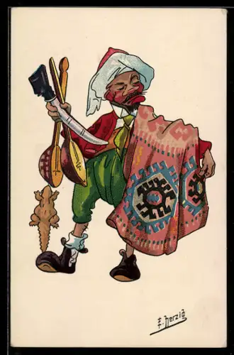 Künstler-AK sign. E. Herzig: Articles indigènes, Arabischer Händler bietet seine Waren feil