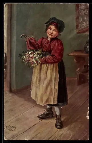 Künstler-AK sign. Gg. Roessler: Junges Mädchen in Tracht mit Blumenstrauss