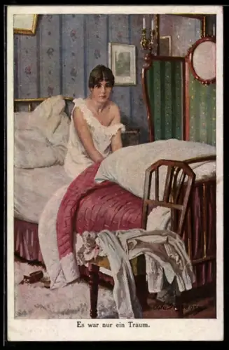 Künstler-AK sign. Asta Jengens: Junge Frau im Nachthemd liegt nach dem Aufwachen im Bett