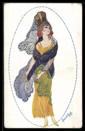 Künstler-AK sign. de Ayala: Schöne Frau in modischer Kleidung