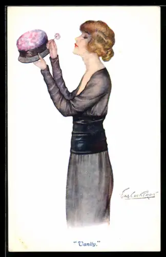 Künstler-AK sign. E. Lockeport: Schöne Frau steckt eine Blume in ihren Hut