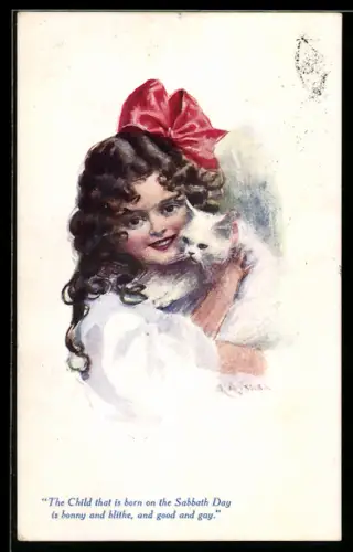 Künstler-AK sign. A. A. Nash: Junges Mädchen mit Schleife im Haar mit einer niedlichen weissen Katze auf dem Arm