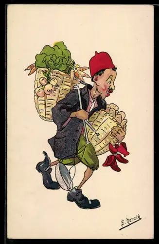 Künstler-AK sign. E. Herzig: Mann trägt Gemüsekörbe mit Zwiebeln, Kartoffeln und Karotten