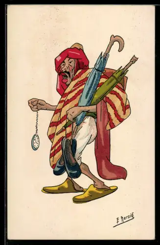 Künstler-AK sign. E. Herzig: Arabische Händler mit Schirmen und Uhr