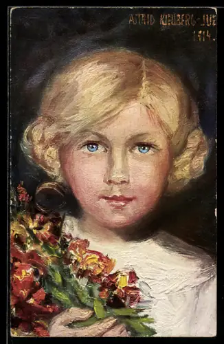 Künstler-AK sign. Astrid Kjelberg-Juel: Junges blondes Mädchen mit Blumenstrauss