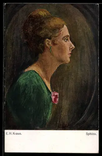 Künstler-AK sign. E. H. Kraus: Anmutige Dame im Profil, Sphinx