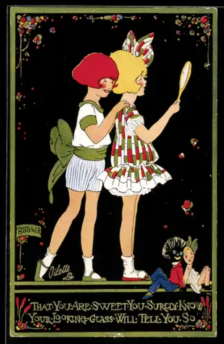 Künstler-AK sign. Phyllis Cooper: Zwei junge Mädchen mit Handspiegel