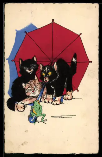 Künstler-AK sign. Klein: Drei Katzen mit Regenschirm spielen mit einem Frosch