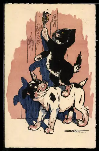 Künstler-AK sign. Klein: Katze steht auf dem Rücken eines hundes und jagt eine Schnecke