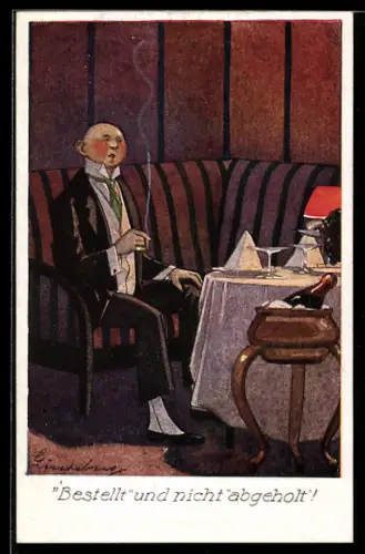 Künstler-AK sign. C. Lindeberg: Rauchender Mann sitzt allein beim Abendessen