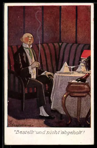 Künstler-AK sign. C. Lindeberg: Bestellt und nicht abgeholt, Mann wartet im Cafe auf seine Verabredung