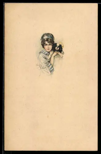 Künstler-AK sign. Charles Fisher: Hübsche Frau mit niedlichem Hund