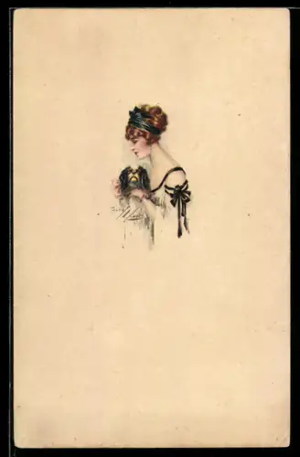 Künstler-AK sign. Charles Fisher: Hübsche Frau im Profil mit niedlichem Hund