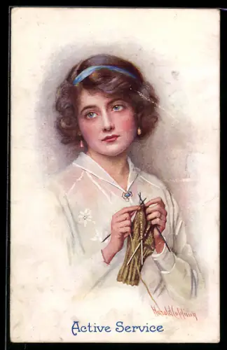 Künstler-AK sign. Harold Copping: Schöne Frau mit Haarband beim Stricken