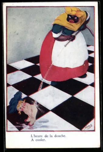 Künstler-AK sign. Mac: Hausmädchen spült ein Kleinkind mit einem Wasserschlauch ab