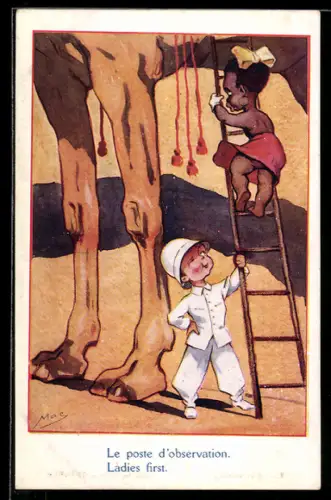 Künstler-AK sign. Mac: Junge in Safarikleidung sieht einer Eingeborenen auf einer Leiter unter den Rock