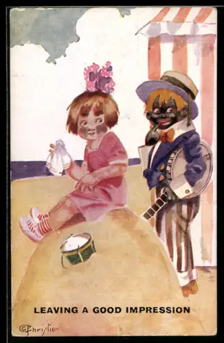 Künstler-AK sign. G.F. Christie: Junge mit Blackface und Banjo neben einem Mädchen auf einem Sandhügel