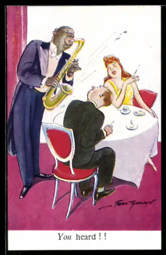 Künstler-AK sign. Bert Thomas: Musiker mit Saxophon spielt für ein elegantes Paar am Tisch
