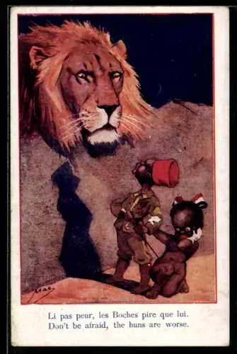 Künstler-AK sign. Mac: Junge in Soldatenuniform beschützt ein Mädchen mit Schleife in Reichsfarben vor einem Löwen