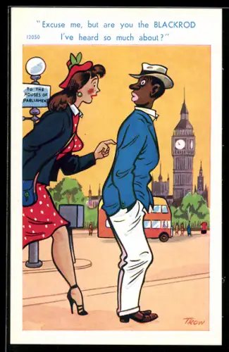 Künstler-AK sign. Trow: Hübsche Frau spricht einen schwarzen Mann auf der Strasse an