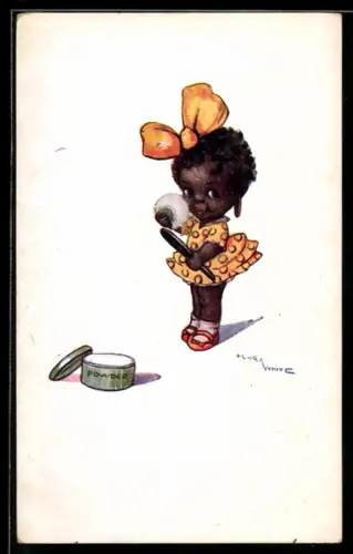 Künstler-AK sign. Flora White: Mädchen mit gelber Schleife im Haar benutzt weisses Puder