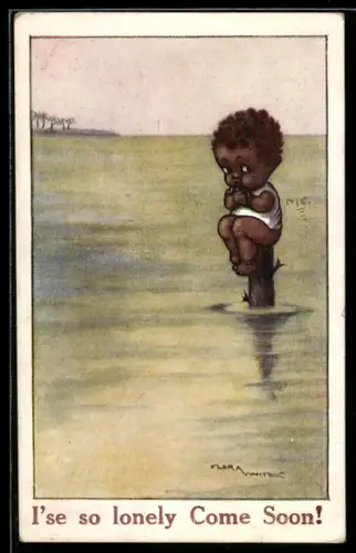 Künstler-AK sign. Flora White: Kind sitzt im Meer auf einem Baumstamm