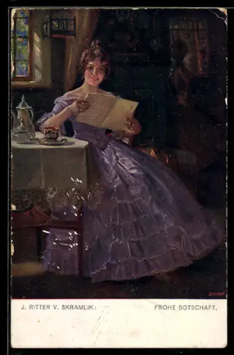 Künstler-AK sign. J. Ritter v. Skramlik: Schöne Frau im eindrucksvollen Kleid liest eine Zeitung