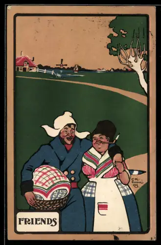 Künstler-AK sign. C. K. Cook: Holländisches Paar mit Pfeife und Korb vor Haus und Windmühle