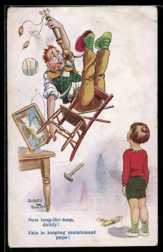 Künstler-AK sign. Dudley Buxton: Mann stürzt bei der Arbeit an der Deckenlampe