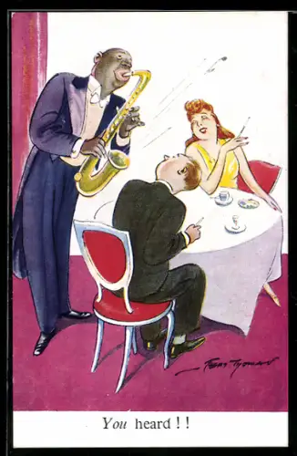 Künstler-AK sign. Bert Thomas: Musiker mit Saxophon spielt für ein Paar beim Abendessen