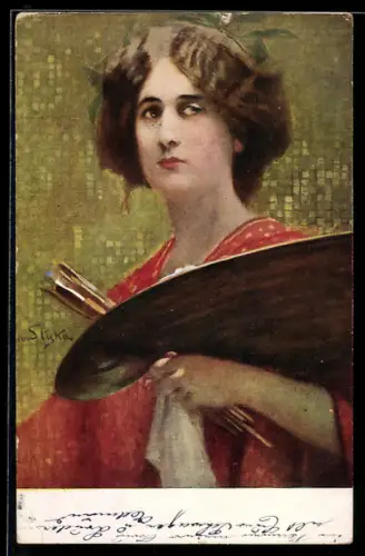 Künstler-AK Malerin mit Farbpalette und Pinseln