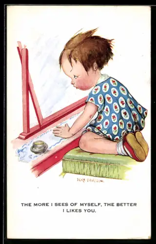 Künstler-AK sign. Nora Davidson: Mädchen betrachtet sich selbst im Spiegel