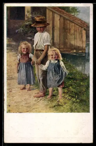 Künstler-AK sign. Jobst: Junge mit seinen zwei kleinen Schwestern