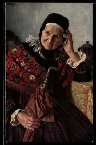 Künstler-AK sign. R. Nitsch: Bäuerin mit Regenschirm