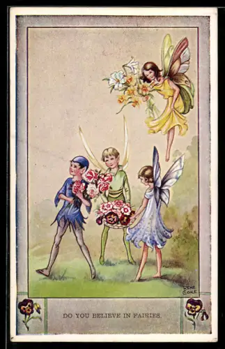 Künstler-AK sign. Rene Cloke: Elfen mit Blumen