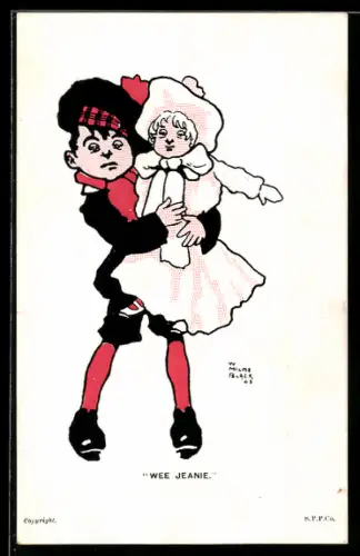 Künstler-AK sign. W. Milne Black: Junge trägt ein Mädchen in den Armen