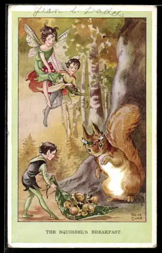 Künstler-AK sign. Rene Cloke: Elfen bringen einem Eichhörnchen Frühstück