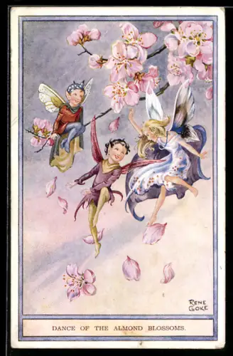 Künstler-AK sign. Rene Cloke: Elfen an einem blühenden Zweig