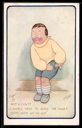 Künstler-AK sign. J. Parlett: Junge stellt fest, dass er kein Geld hat