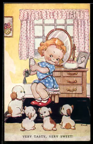 Künstler-AK sign. Dinah: Mädchen mit Parfüm und Hundewelpen