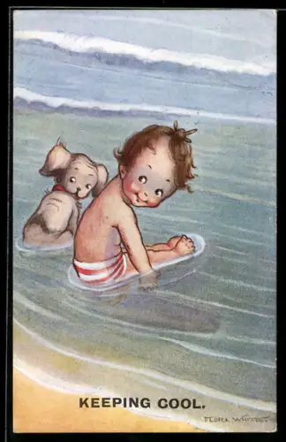 Künstler-AK sign. Flora White: Kind und Hund sitzen im Wasser