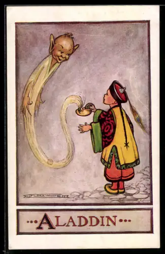 Künstler-AK sign. Flora White: Aladdin mit einem Flaschengeist