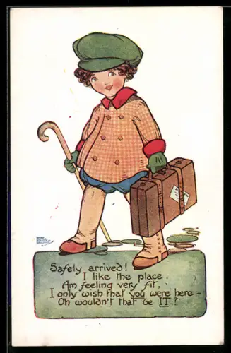 Künstler-AK sign. HGC Marsh Lambert: Kind mit Koffer und Gehstock