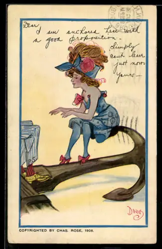 Künstler-AK sign. Duvig: Elegante Dame sitzt auf einem Anker