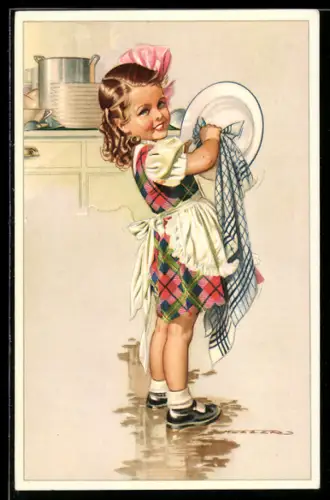 Künstler-AK sign. Holler: Mädchen beim Abtrocknen eines Tellers
