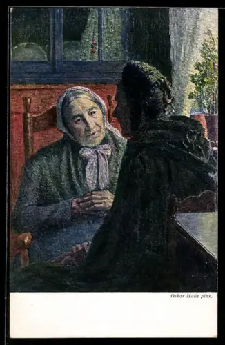 Künstler-AK Oskar Halle: Zwei flämische Damen im Gespräch