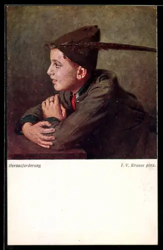 Künstler-AK I. V. Krause: Junge mit Hut im Porträt